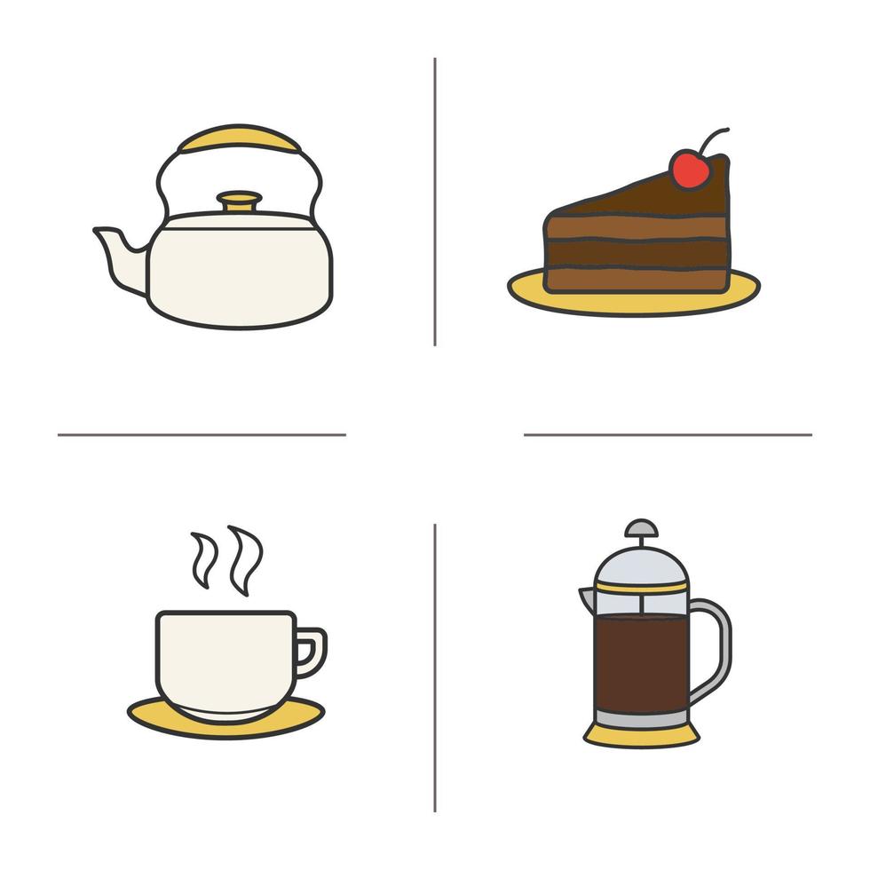 conjunto de iconos de colores de té y café. hervidor, pastel de chocolate en un plato, taza de té humeante, prensa francesa de café. ilustraciones vectoriales aisladas vector