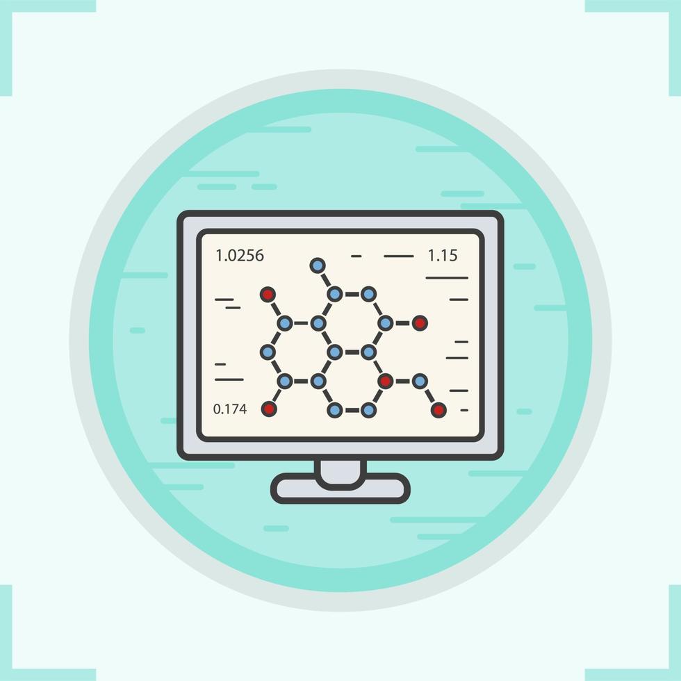 Scientific project color icon. Laboratory computer. Molecular structure formula. Science lab research. Isolated vector illustration