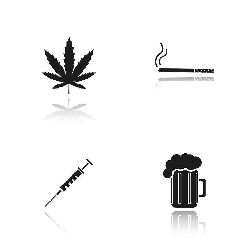 Los malos hábitos dejan caer los iconos negros de la sombra. hoja de marihuana, cigarrillo con humo, jeringa, vaso de cerveza espumoso. adicciones a las drogas, el tabaquismo y el alcohol. ilustraciones vectoriales aisladas vector