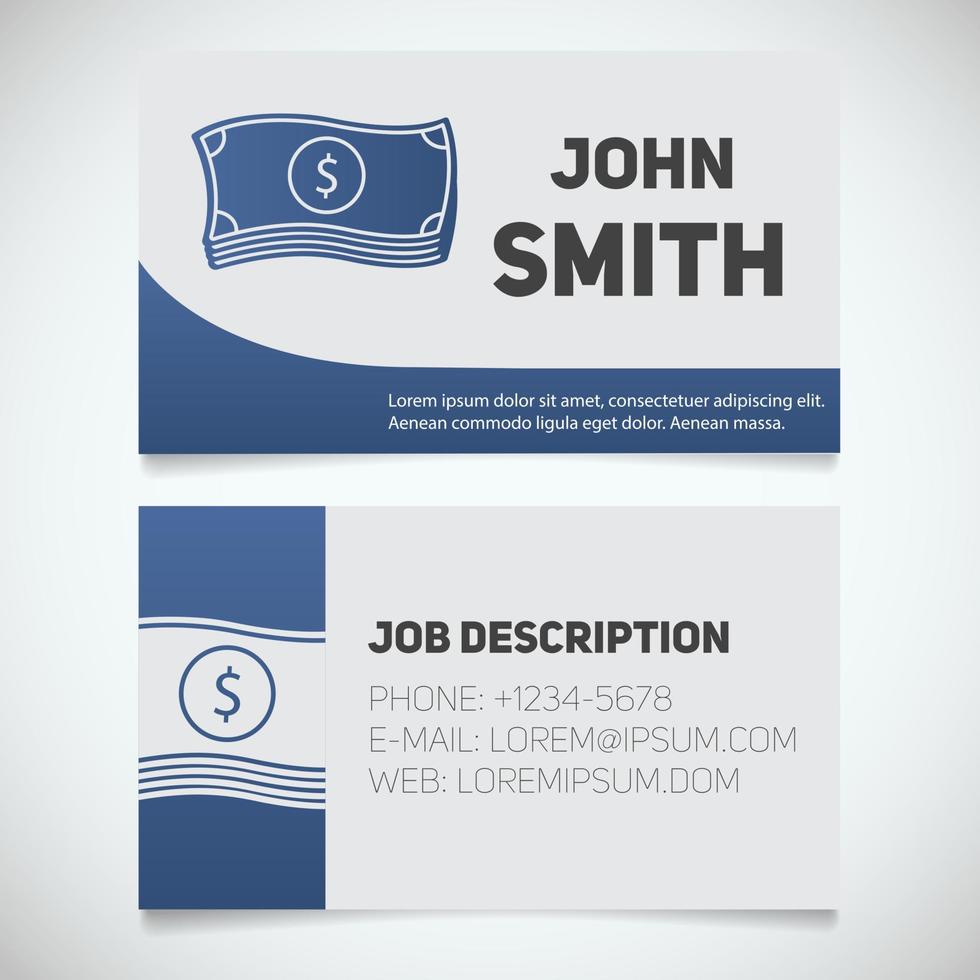 Business card print template with banknotes logo. Easy edit. Manager. Seller. Accountant. Stationery design concept. Vector illustration