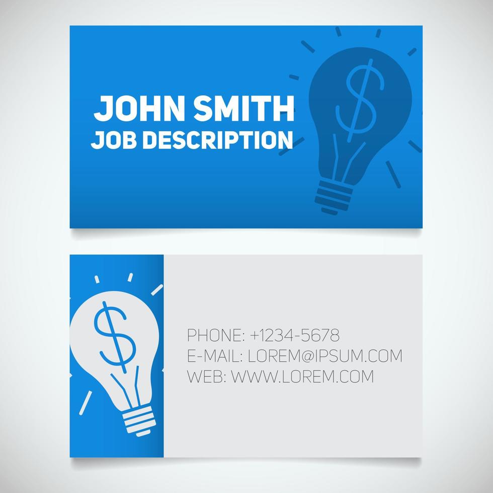 Business card print template with light bulb and dollar logo. Easy edit. Manager. Creative director. Startup manager. Stationery design concept. Vector illustration