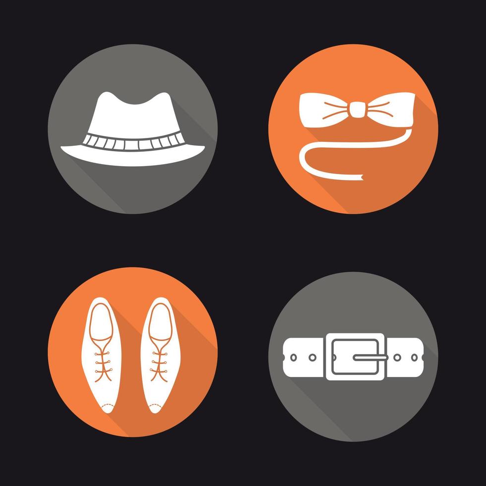 Men's accessories flat design long shadow icons set. Homburg hat, butterfly bow tie, classic leather shoes and belt. Vector symbols