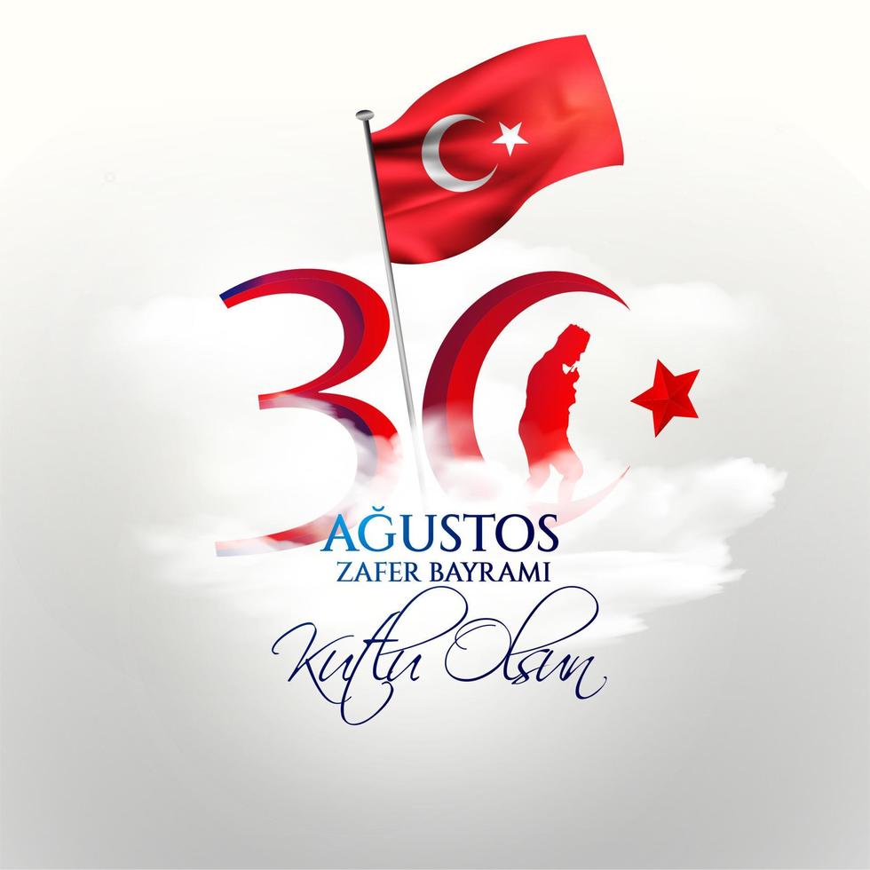 tarjeta de celebración nacional de turquía, insignia, pancarta o póster diseño vectorial 30 agustos zafer bayrami kutlu olsun, traducción al inglés, feliz 30 de agosto, día de la victoria vector