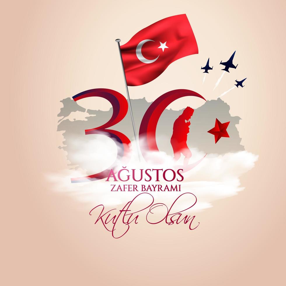 tarjeta de celebración nacional de turquía, insignia, pancarta o póster diseño vectorial 30 agustos zafer bayrami kutlu olsun, traducción al inglés, feliz 30 de agosto, día de la victoria vector