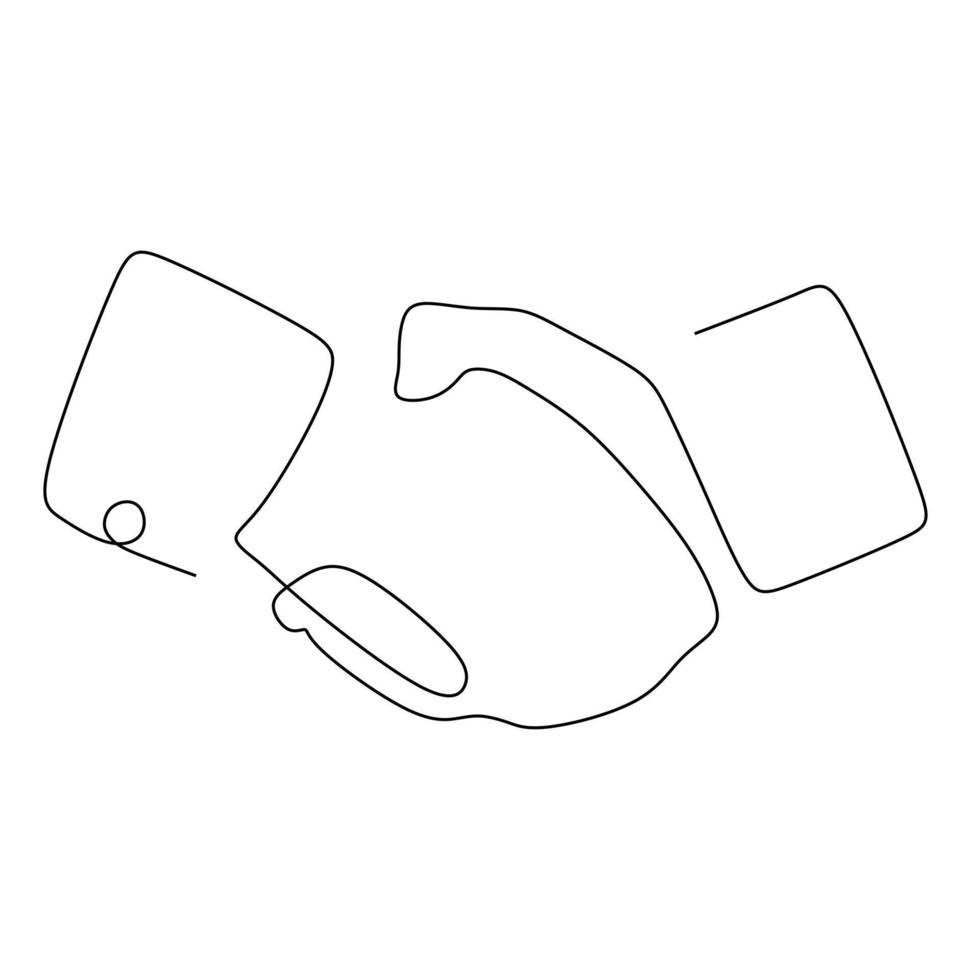 Continuous single line drawing of businessmen handshake to make a deal. Handshaking of business partners drawn by one single line. Vector illustration.