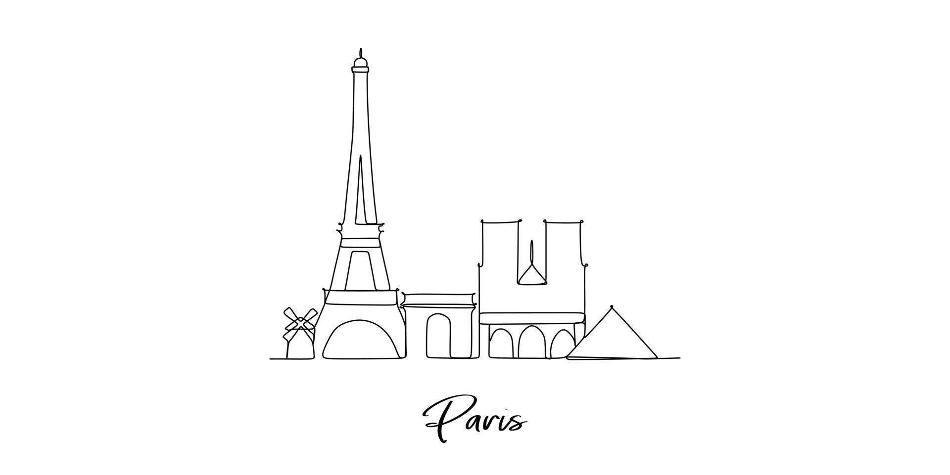 Paris France Landmarks - continuous one line drawing vector