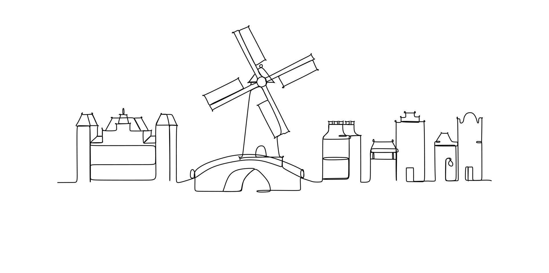 Netherlands holland landmark skyline - continuous one line drawing vector