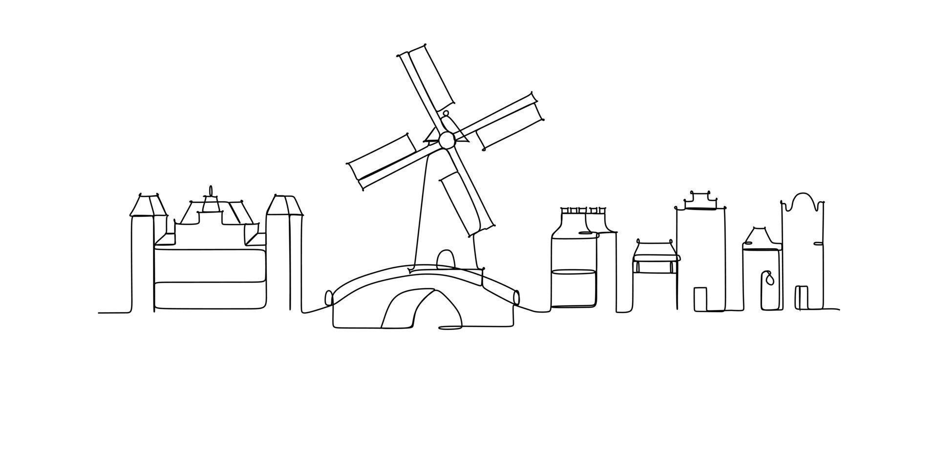 Países Bajos Holanda hito horizonte - dibujo continuo de una línea vector