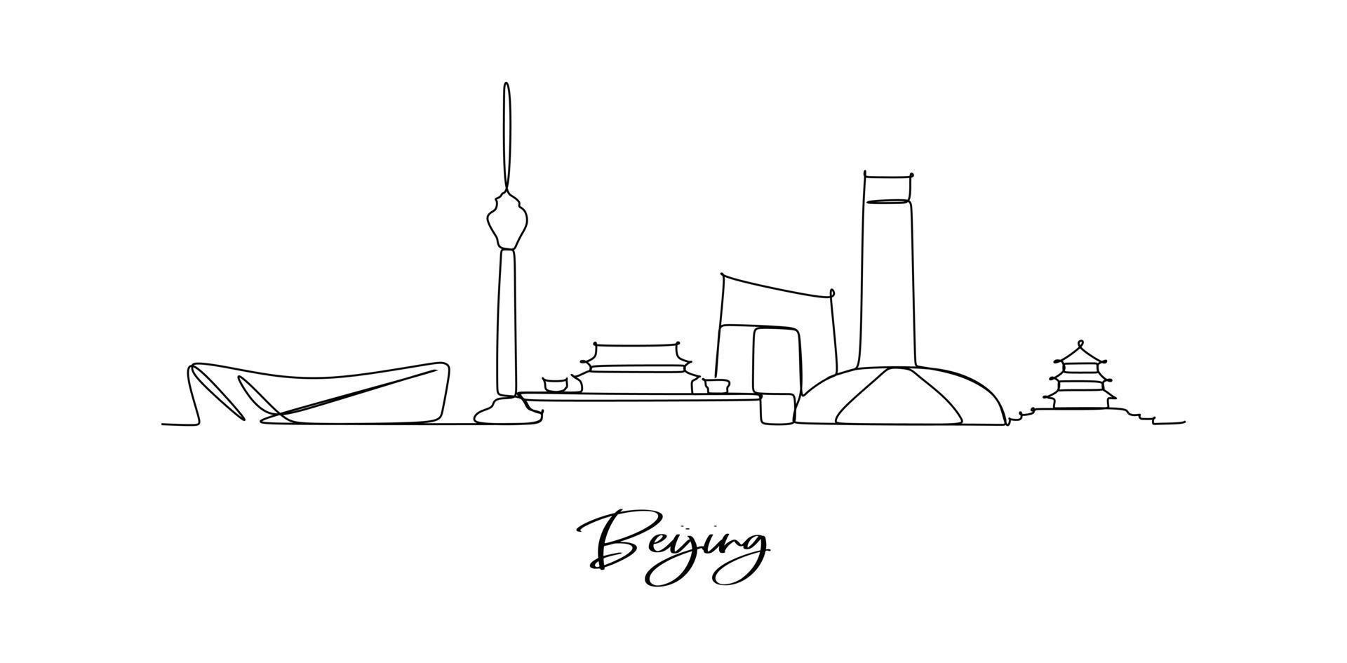 Horizonte histórico de Beijing, China: dibujo continuo de una línea vector