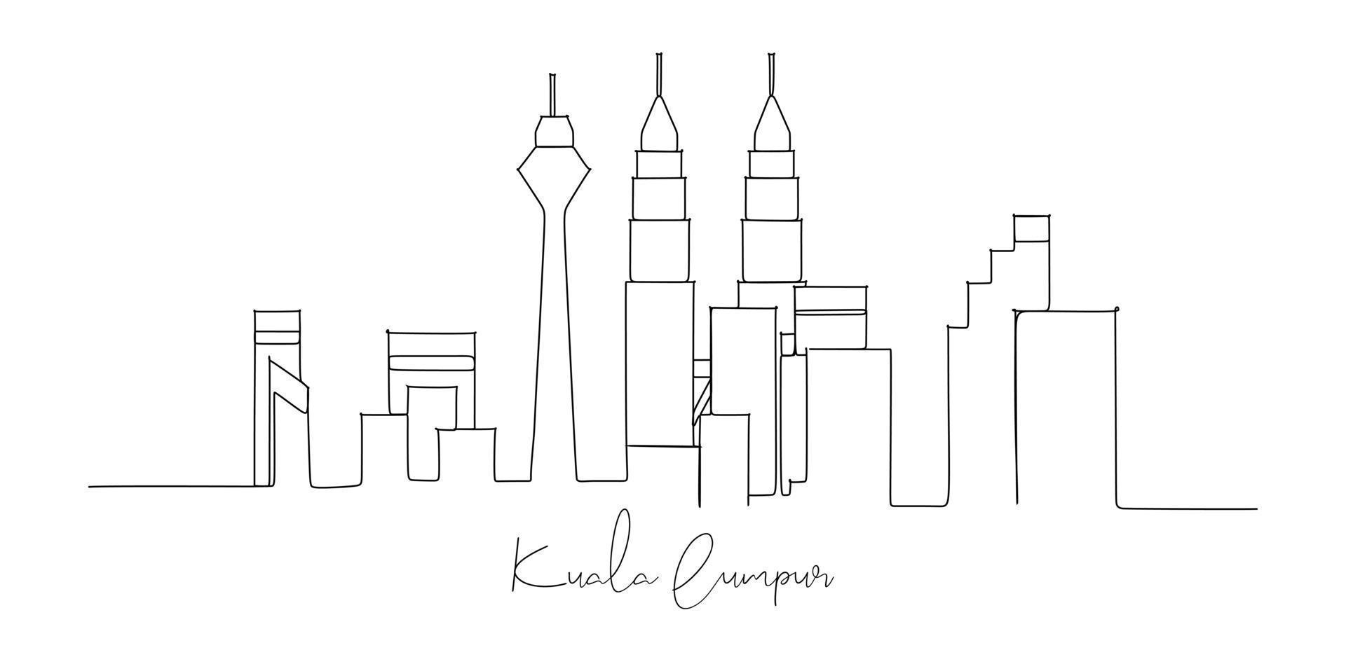 Kuala Lumpur Malaysia landmark skyline - continuous one line drawing vector