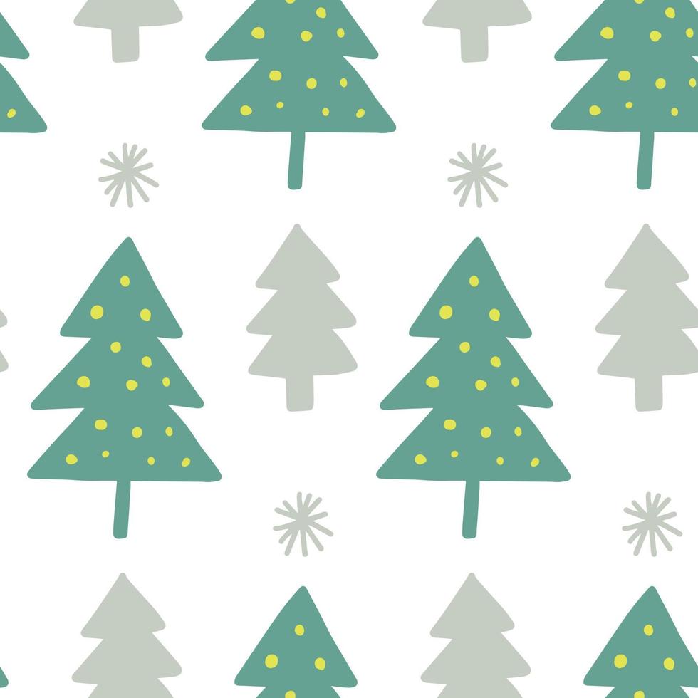 Cute winter seamless pattern background with Christmas tree simple doodles and snowflakes in childish hand drawn style. Seasonal New Year holiday festive backdrop texture, print. vector