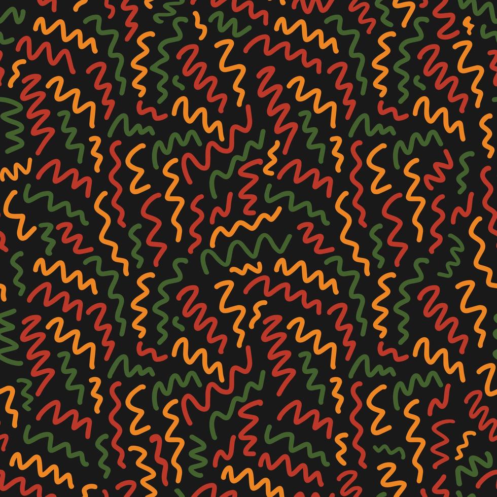Abstract seamless pattern with random hand drawn scribbles doodle lines in traditional African colors - red, yellow, green on black background. backdrop for Kwanzaa, Black History Month, Juneteenth vector