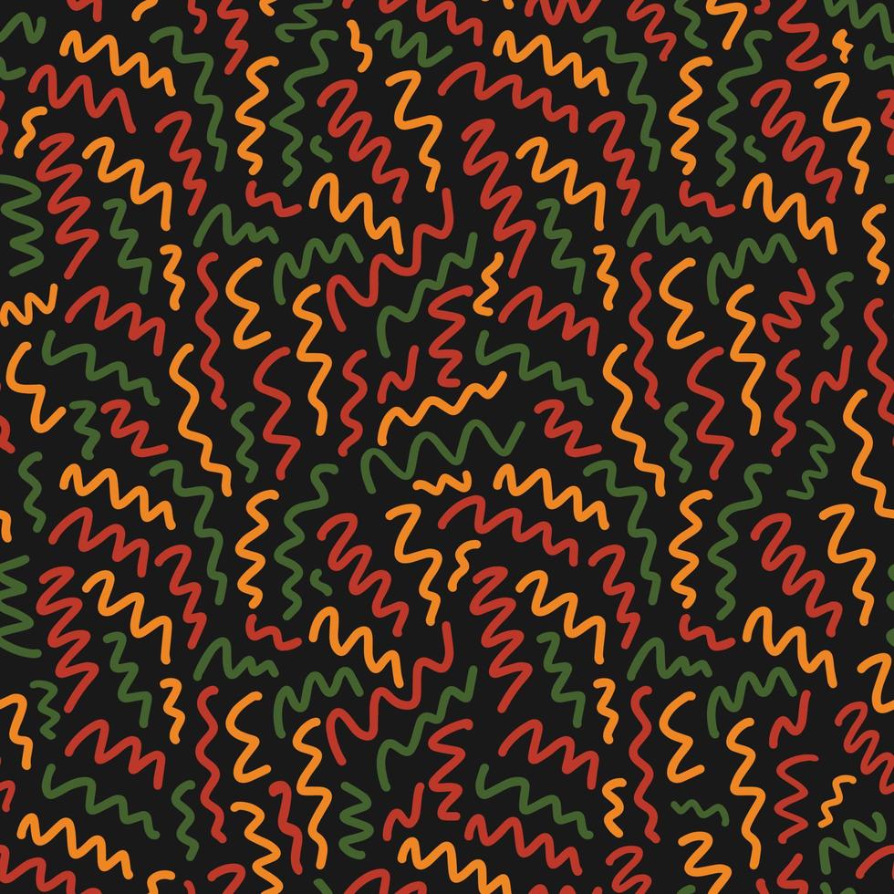 patrón abstracto sin fisuras con garabatos dibujados a mano al azar líneas de doodle en colores africanos tradicionales: rojo, amarillo, verde sobre fondo negro. telón de fondo para kwanzaa, mes de la historia negra, diecinueve de junio vector