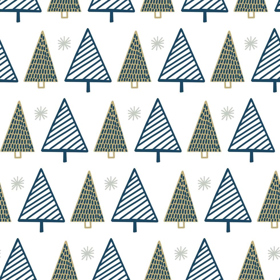 Cute geometric simple winter seamless pattern background with Christmas tree doodles and snowflake in childish hand drawn style vector