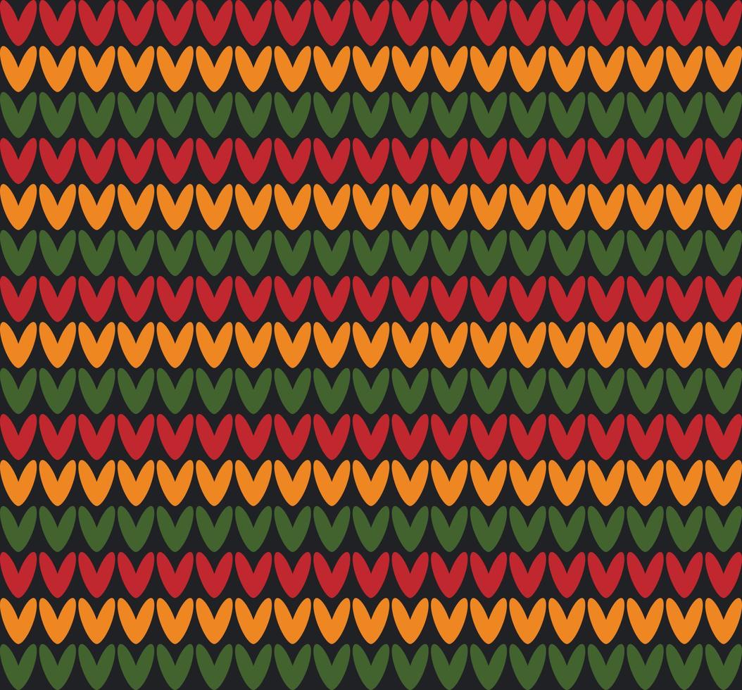 Abstract vector seamless knitting pattern in Pan African flag colors - red, yellow, green on black background. Backdrop ornament for Kwanzaa, Black History Month, Juneteenth design