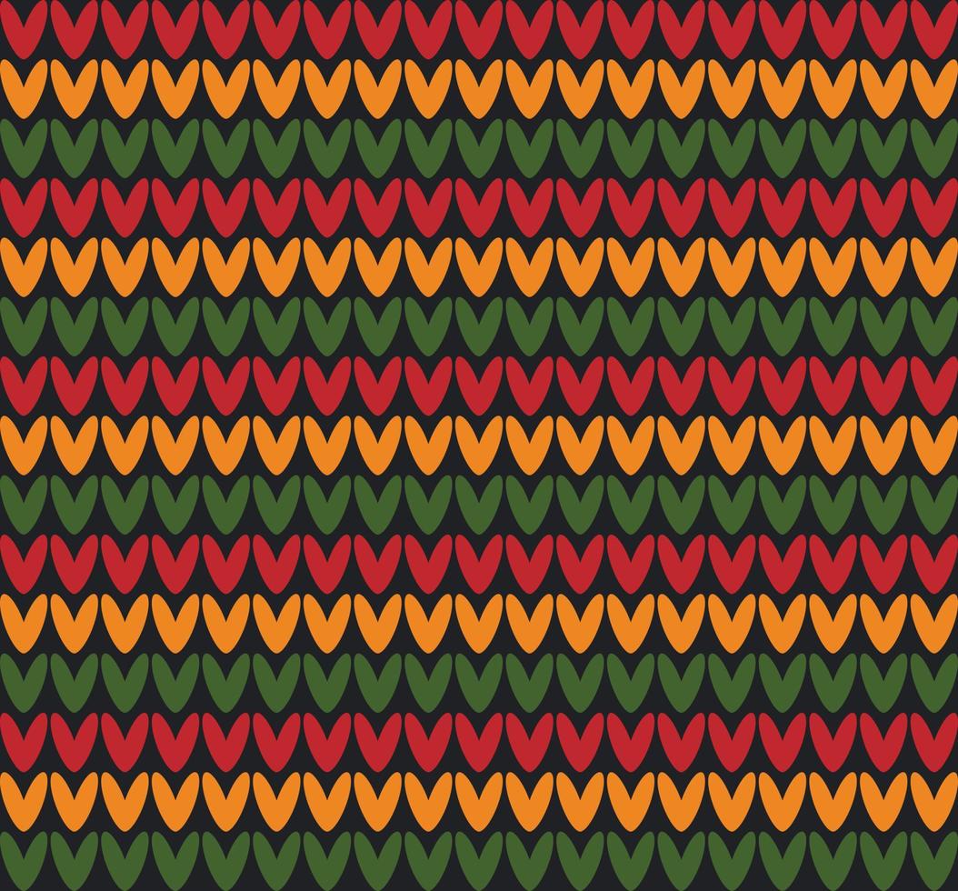 Abstract vector seamless knitting pattern in Pan African flag colors - red, yellow, green on black background. Backdrop ornament for Kwanzaa, Black History Month, Juneteenth design