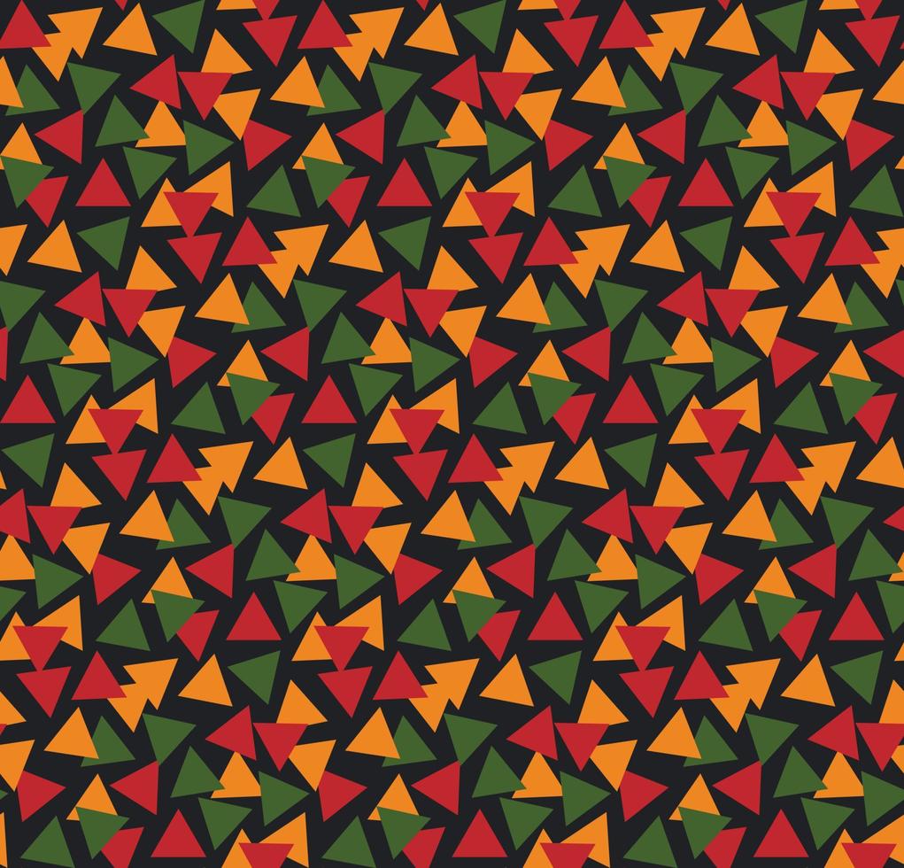 Patrón transparente geométrico abstracto brillante con triángulos en colores africanos tradicionales rojo, amarillo, verde sobre fondo negro. telón de fondo ditsy para kwanzaa, mes de la historia negra, diseño del diecinueve de junio vector