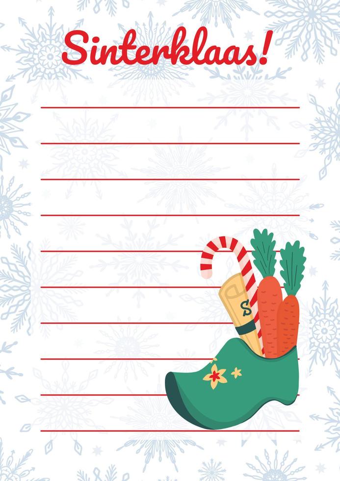 Sinterklaas - Dutch Saint Nicholas letter vector blank template with cute illustration of wooden shoe with carrots and candie. European winter tradition. Gifts ordering printable mail note