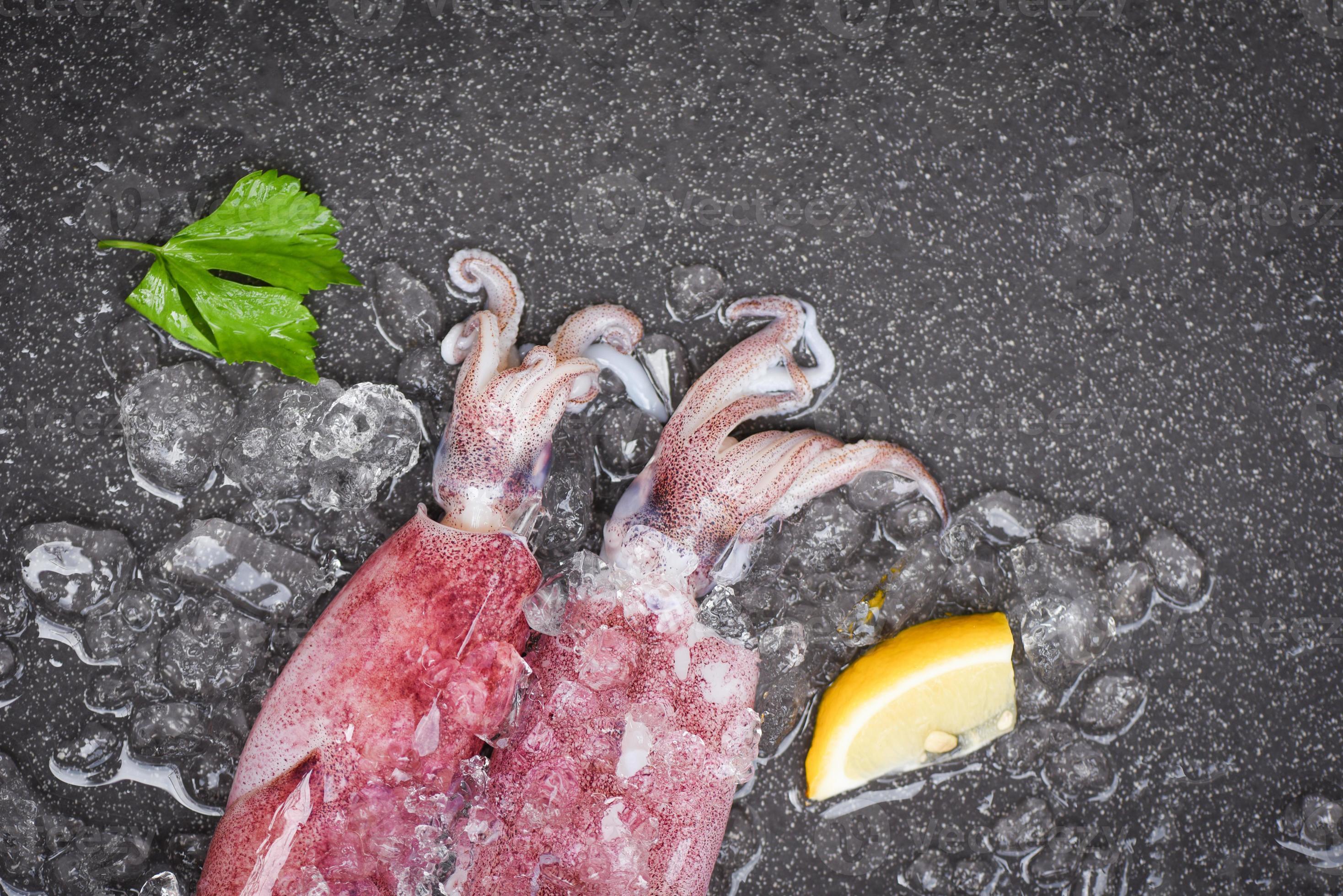 Raw squid on ice with lemon on the dark plate seafood market fresh