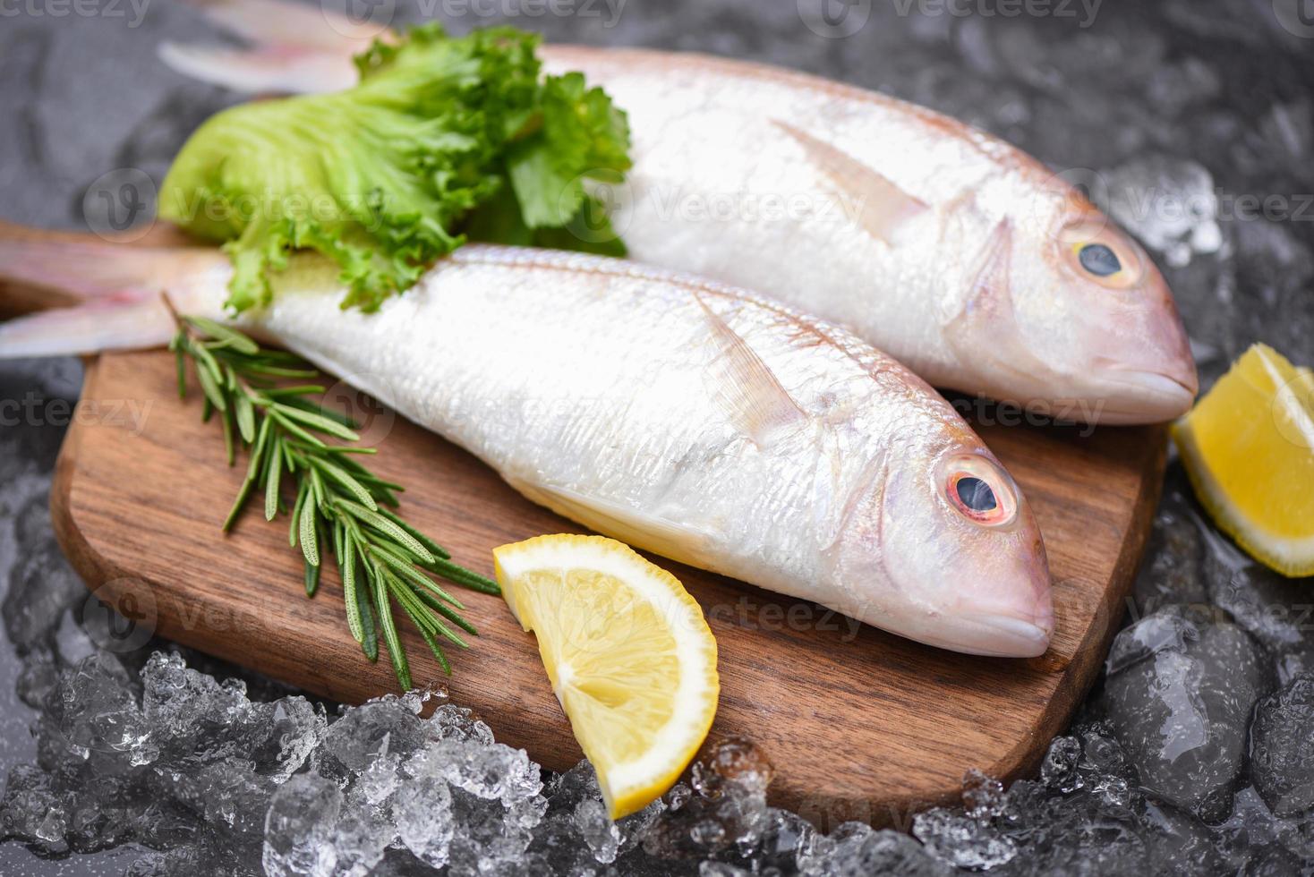 Pescado crudo fresco con ingredientes limón romero y lechuga para hacer alimentos cocinados en hielo en el mercado - besugo marisco pescado congelado foto