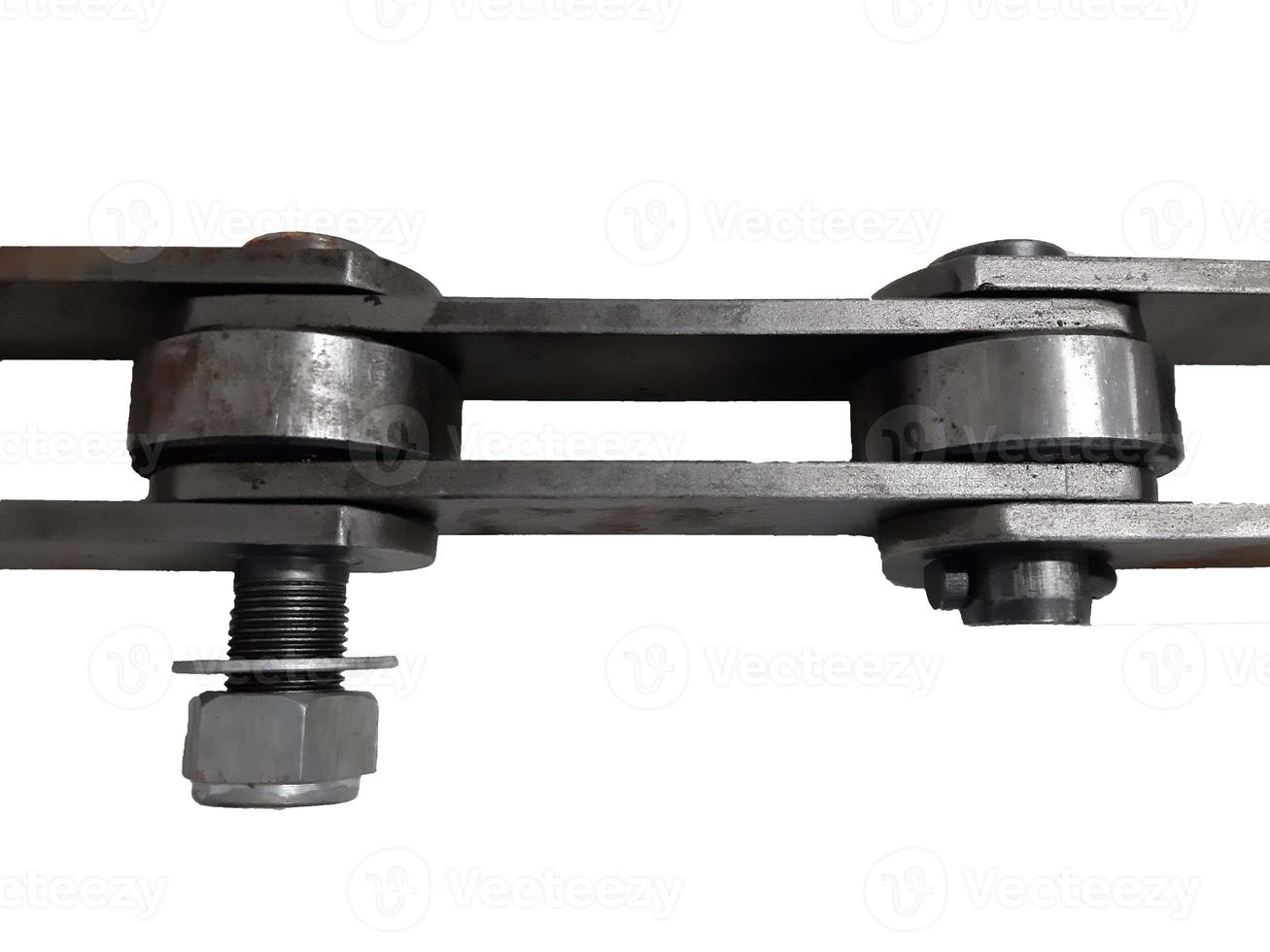 Double-sided connecting part of a conveyor chain with a fixing bolt on one side isolated on white background photo