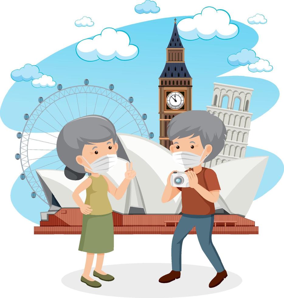 Old couple travelling during covid-19 pandemic vector