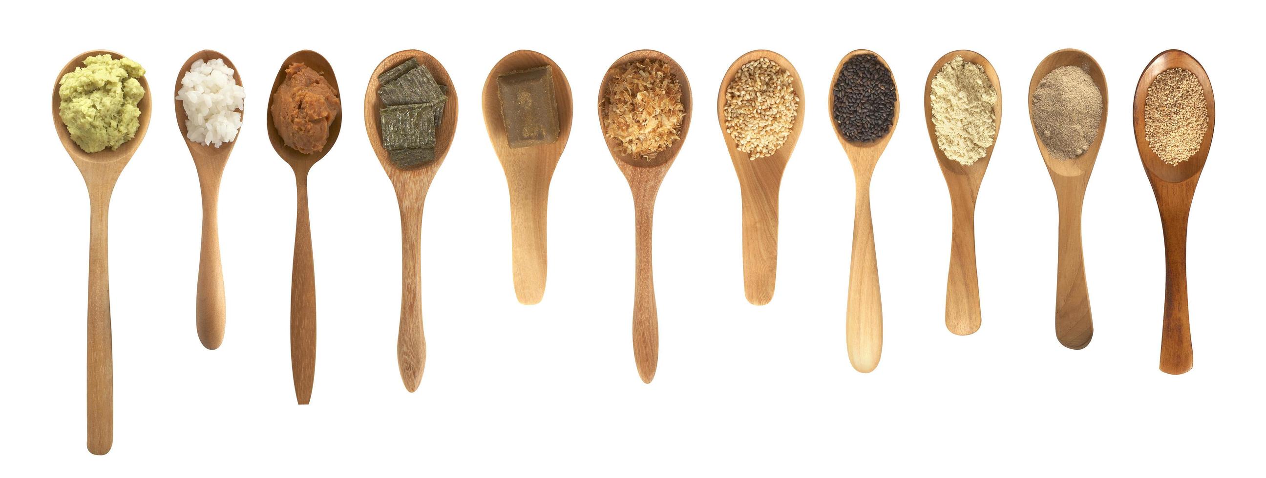 japanese ingredient in wooden spoon on white background photo