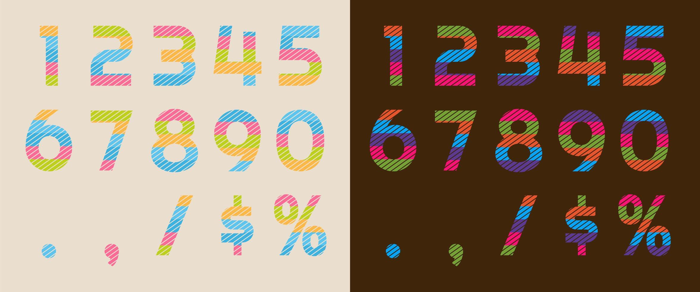 Colorful retro flat numbers, percentage and dollar sign. vector