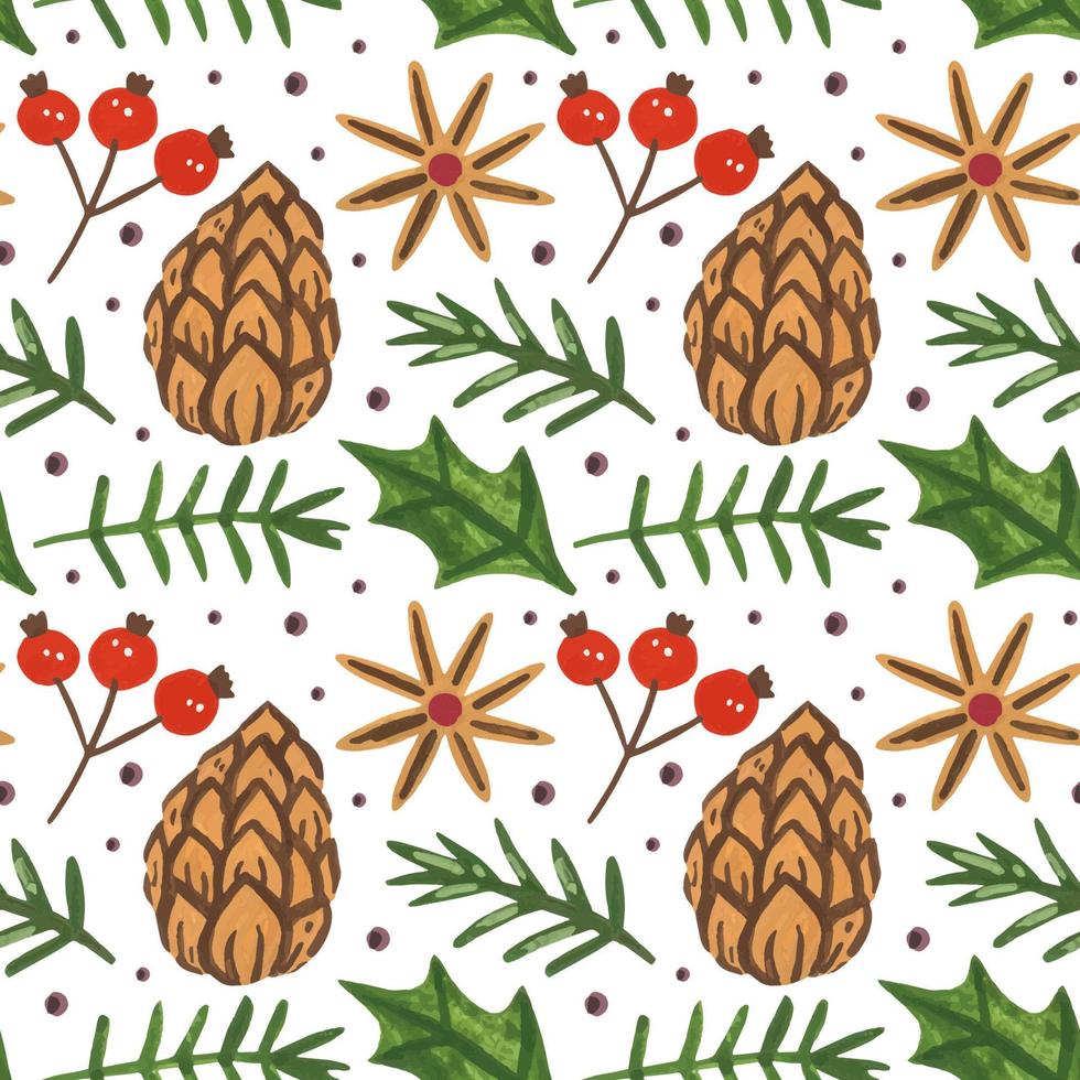 Winter holiday hand drawn seamless pattern background Merry Christmas and Happy New Year cone leaves spices herbs wrapping paper packaging design vector