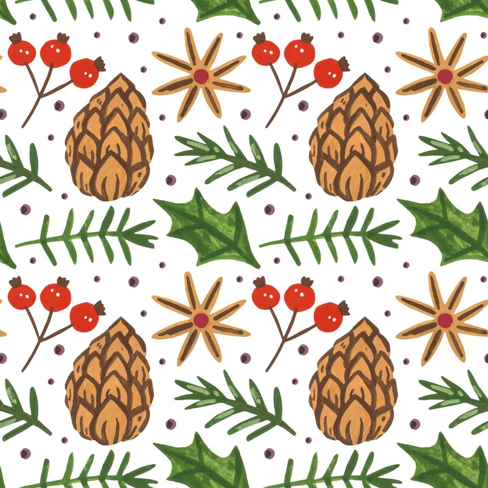 Winter holiday hand drawn seamless pattern background Merry Christmas and Happy New Year cone leaves spices herbs wrapping paper packaging design vector