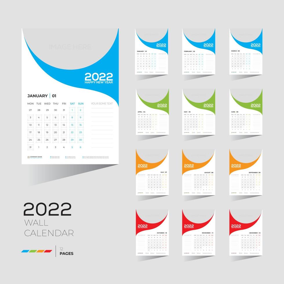 4 colored 12 month 12 pages 2022 wall calendar vector