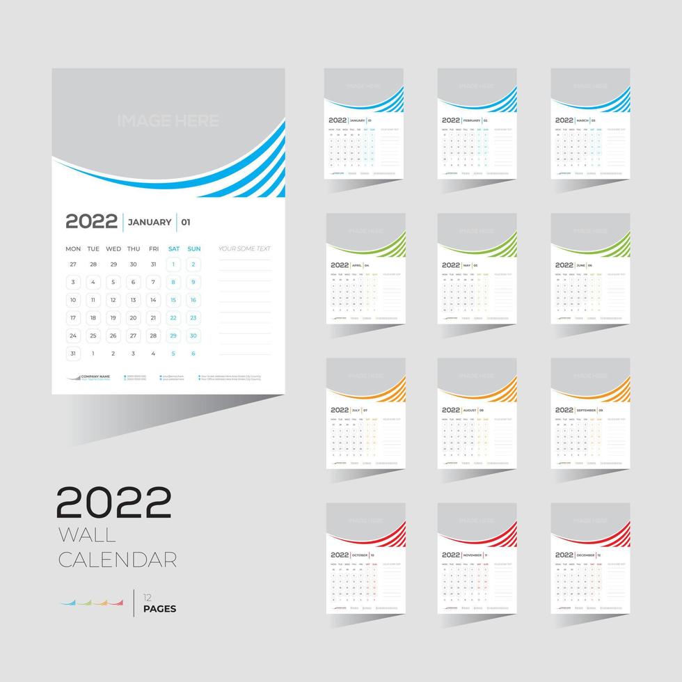 Calendario de pared de 4 colores, 12 meses, 12 páginas, 2022 vector