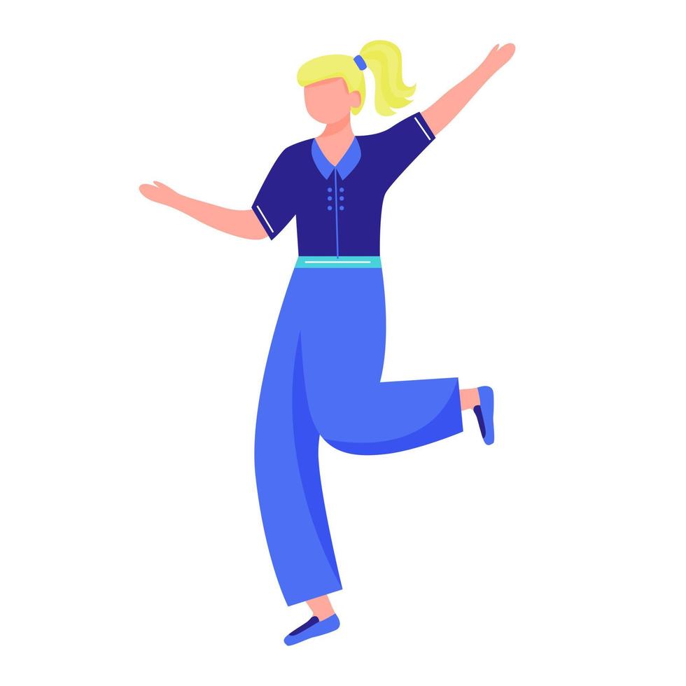 Ilustración de vector plano de niña feliz. Niña de la escuela caucásica activa de cuerpo completo bailando en celebración navideña. alegre, bailando, mujer, aislado, caricatura, carácter, en, fondo blanco