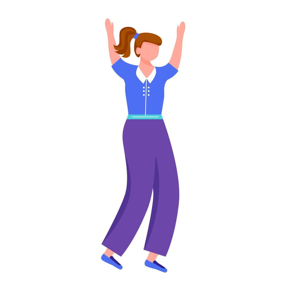 Cheerful young woman flat vector illustration. Joyful student in casual clothes. Full body caucasian teenager girl jumping for joy isolated cartoon character on white background