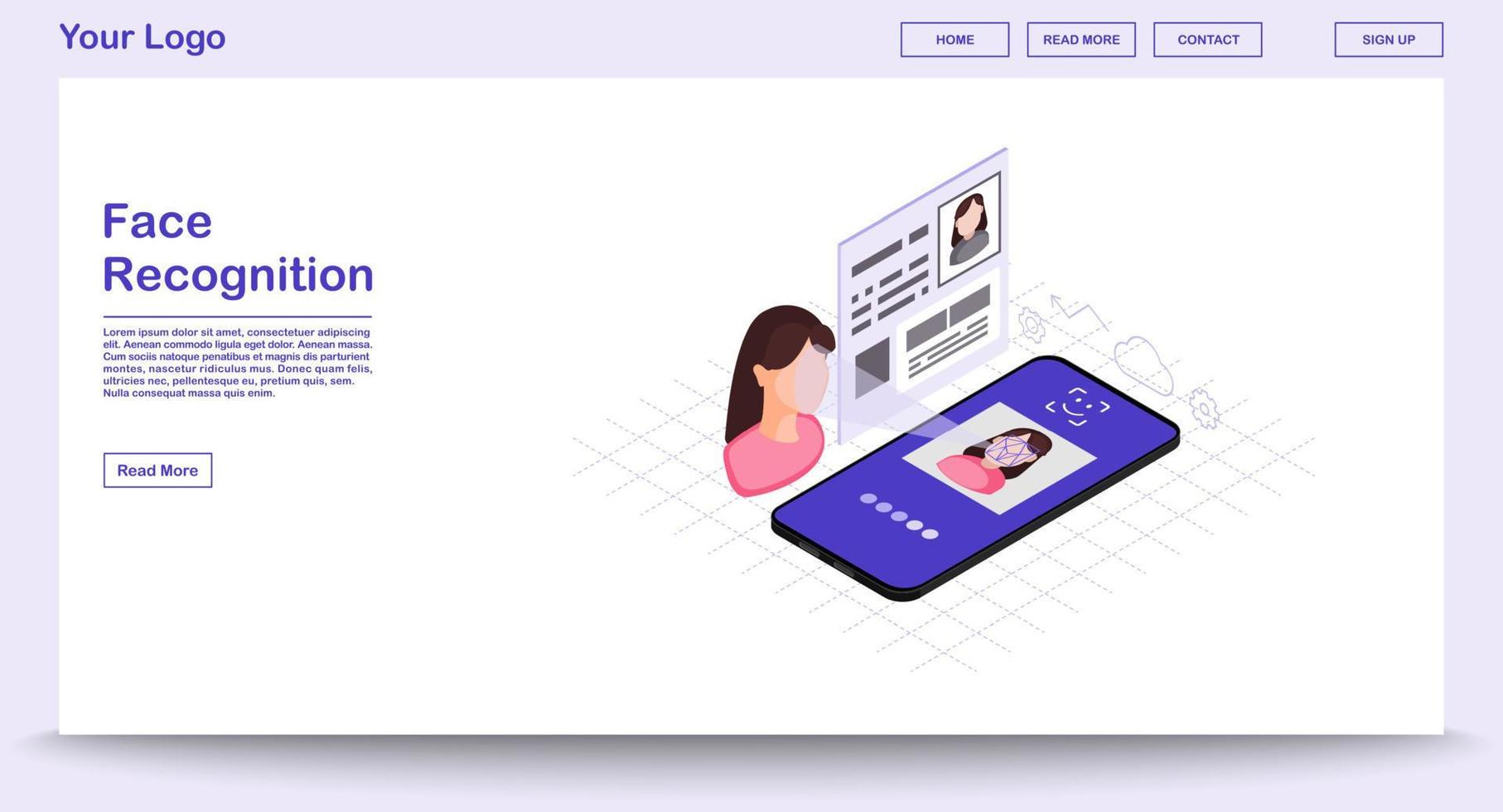 Faceprint analysis webpage vector template with isometric illustration. Face recognition. Biometric identification. Facial ID scanner. Website interface design. Webpage, mobile app 3d concept