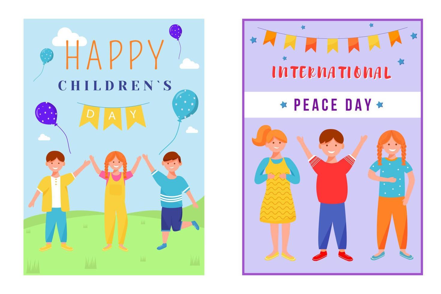 Conjunto de plantillas de vector plano de tarjeta de felicitación de feliz día de los niños. los niños celebran el día internacional de la paz. diseño de postal de fiesta de niños y niñas. cartel, pancarta con personajes de dibujos animados y letras.