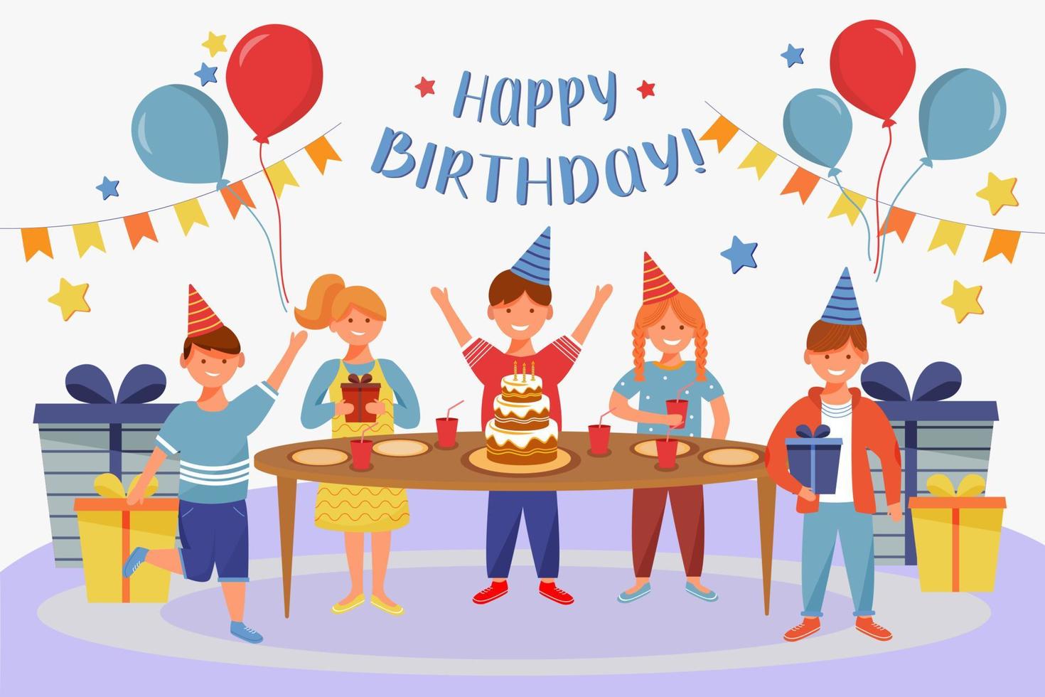 Happy birthday greeting card flat vector template. Kids party celebration. Cheerful boys and girls. Postcard, invitation design layout. Poster, banner, print with cartoon characters and lettering