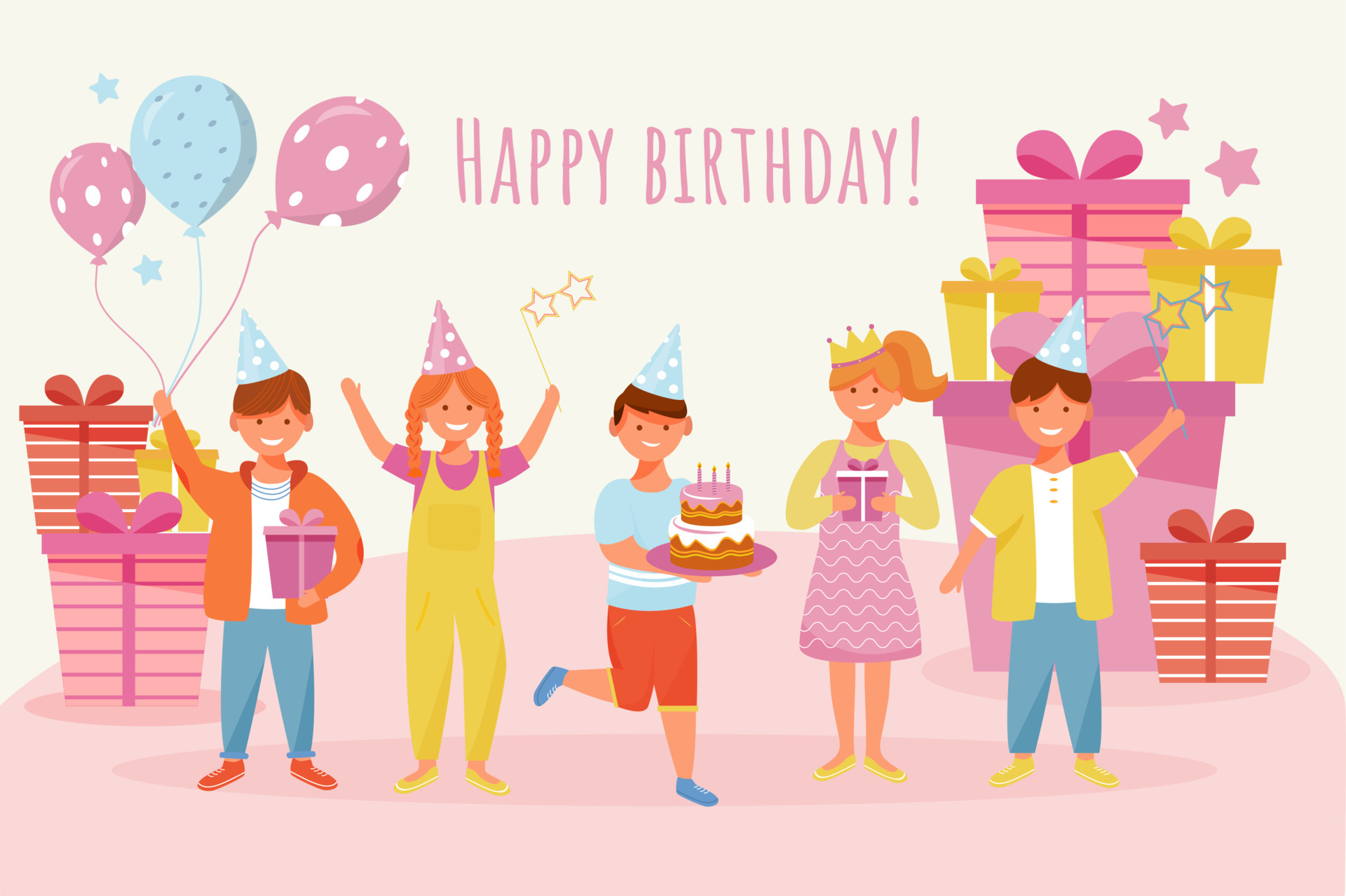 Happy birthday greeting card flat vector template. Joyful children holiday  celebration. Kids party. Postcard, invitation design layout. Poster,  banner, print with cartoon characters and lettering 4530700 Vector Art at  Vecteezy