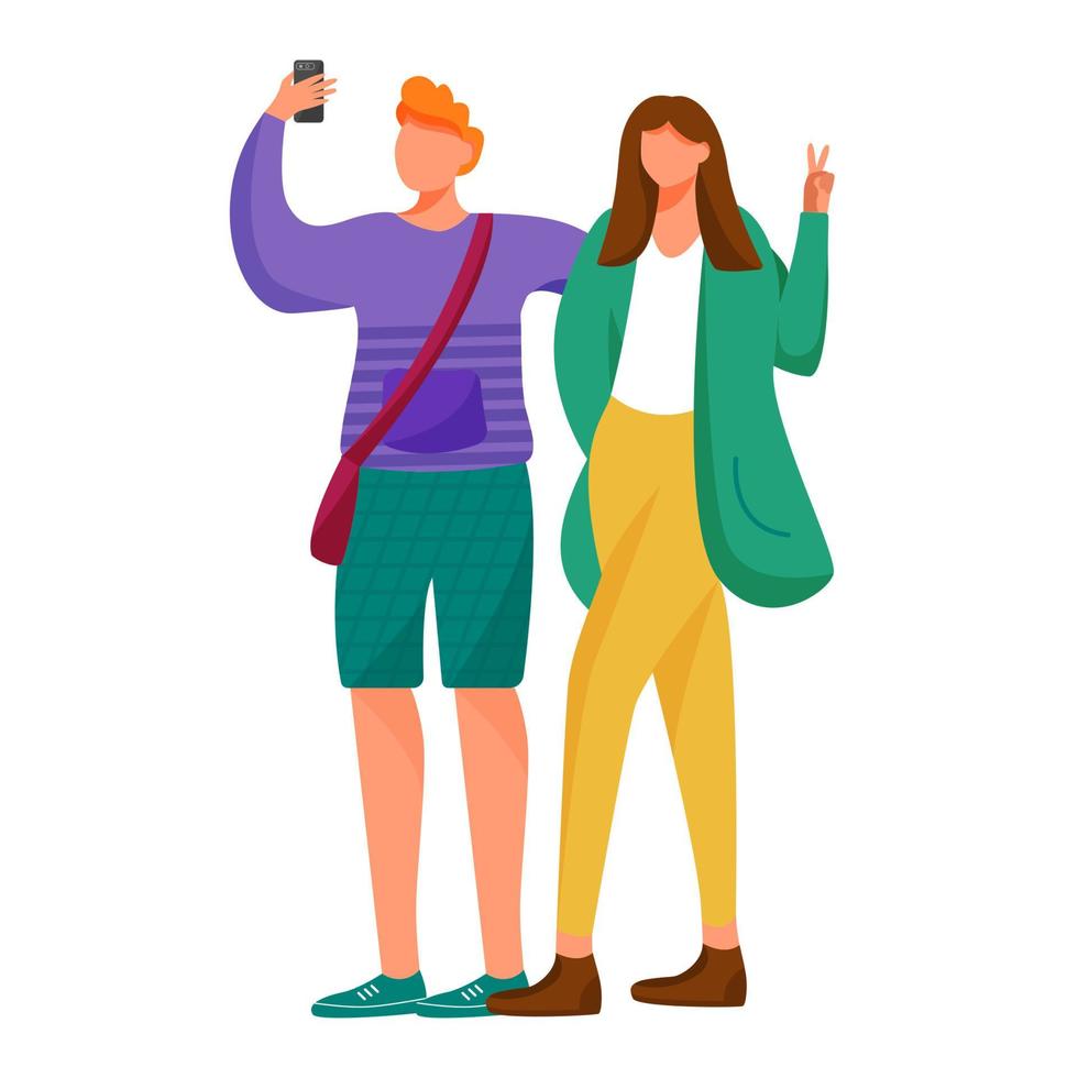 niño y niña tomando teléfono selfie ilustración vectorial plana. joven con smartphone, chica muestra signo v. Adolescentes de pie haciendo autorretrato personaje de dibujos animados aislado sobre fondo blanco. vector