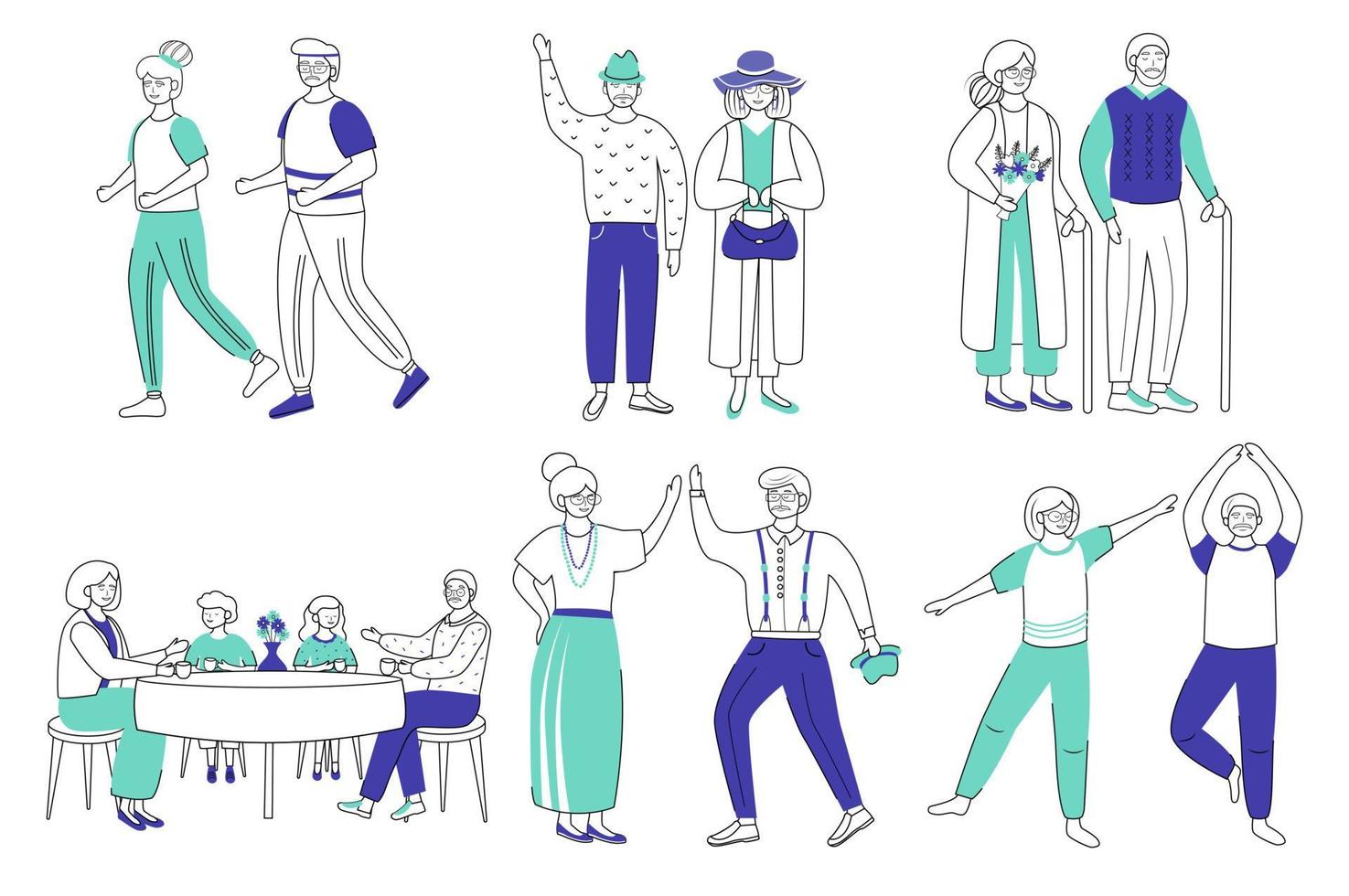 Retired people flat vector illustrations set. Senior age family romantic pastime. Healthy lifestyle. Old couple spends time together. Pensioners isolated cartoon characters with outline on white