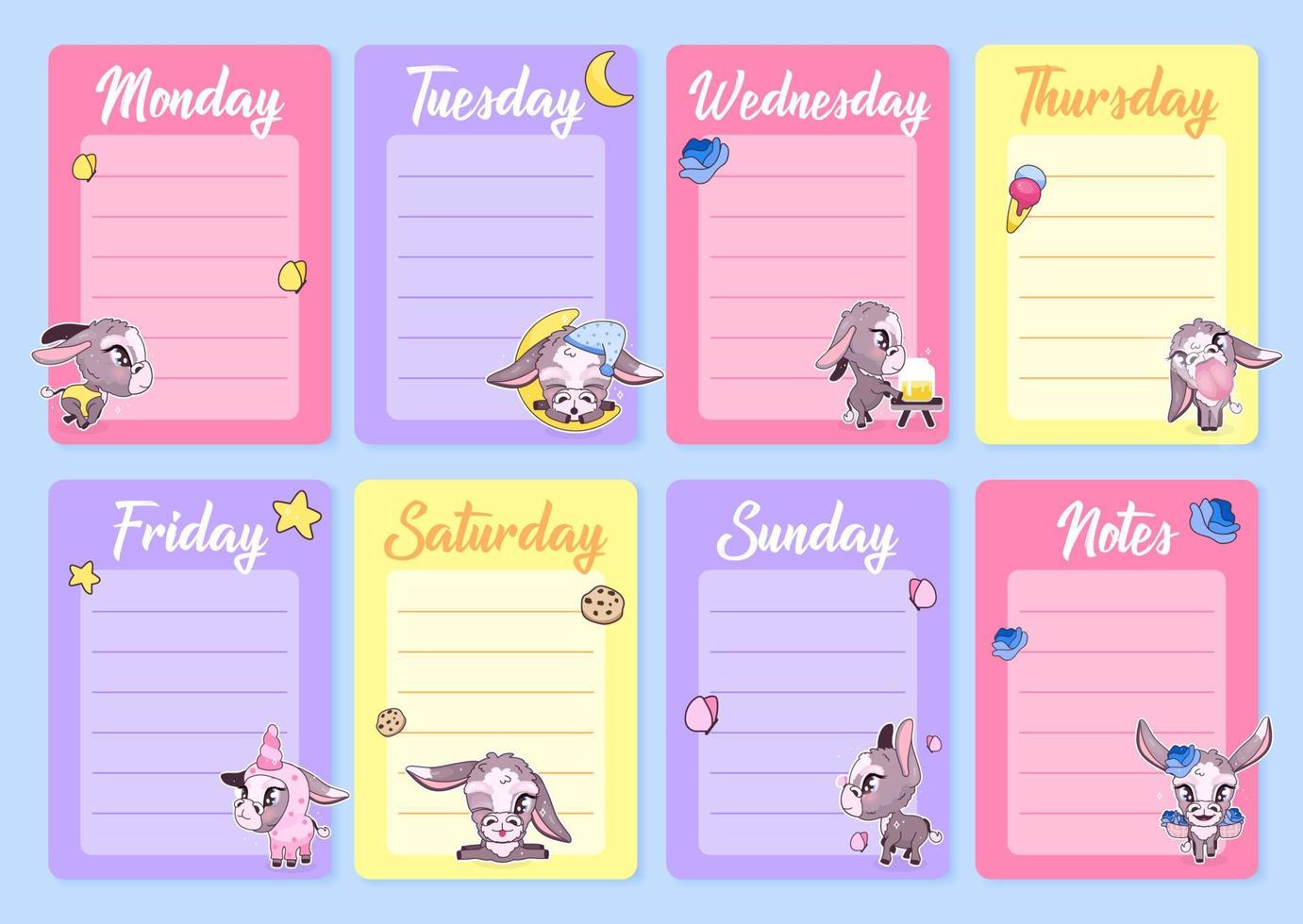 Cute donkeys weekly planner vector template with kawaii cartoon character. Notepad, diary pages design layouts with copyspace for daily notes and lists. Girlish personal organizer vector mockup