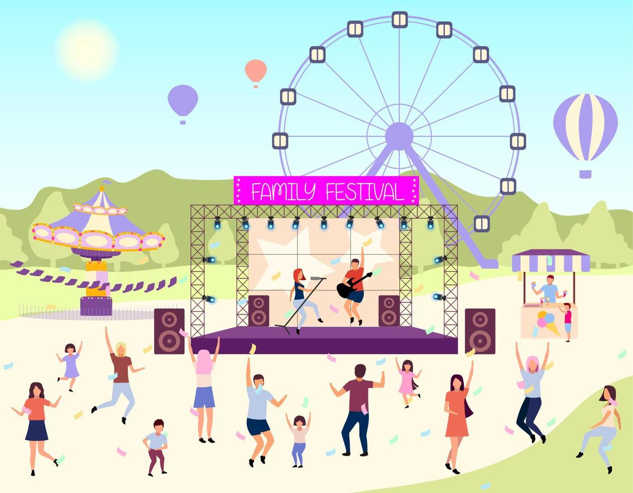 Family festival activities flat vector illustration. Open air live performance. Rock, pop musician concert in park, camp.Children and parents spending time together. Dancing cartoon characters