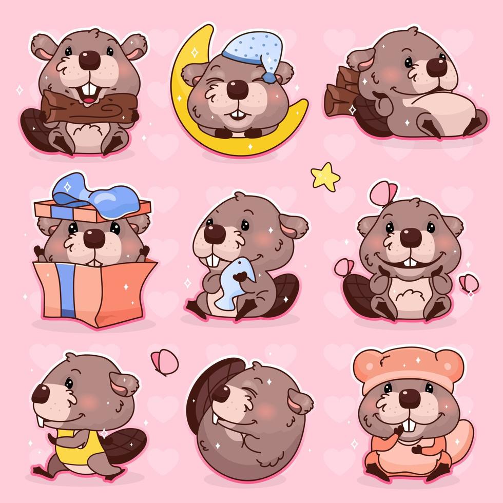 Conjunto de caracteres de vector de dibujos animados lindo castor kawaii. Pegatinas aisladas de mascota animal adorable, feliz y divertida, paquete de parches, ilustración para niños. emoji de castor de niña de anime, emoticon sobre fondo rosa