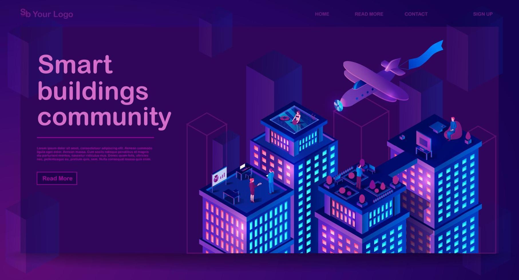 Smart buildings isometric banner. Neon futuristic city architecture concept. Intelligent buildings. Smart city. Modern town map with 3d skyscrapers. Internet of things. Isolated vector illustration