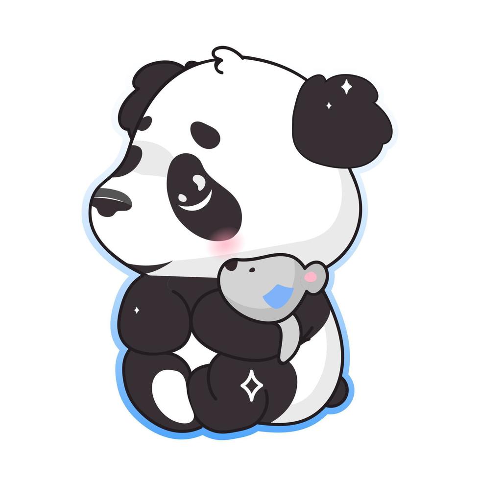 Cute panda hugging toy kawaii cartoon vector character. Adorable, happy and funny animal playing isolated sticker, patch, kids book illustration. Anime baby panda bear emoji on white background