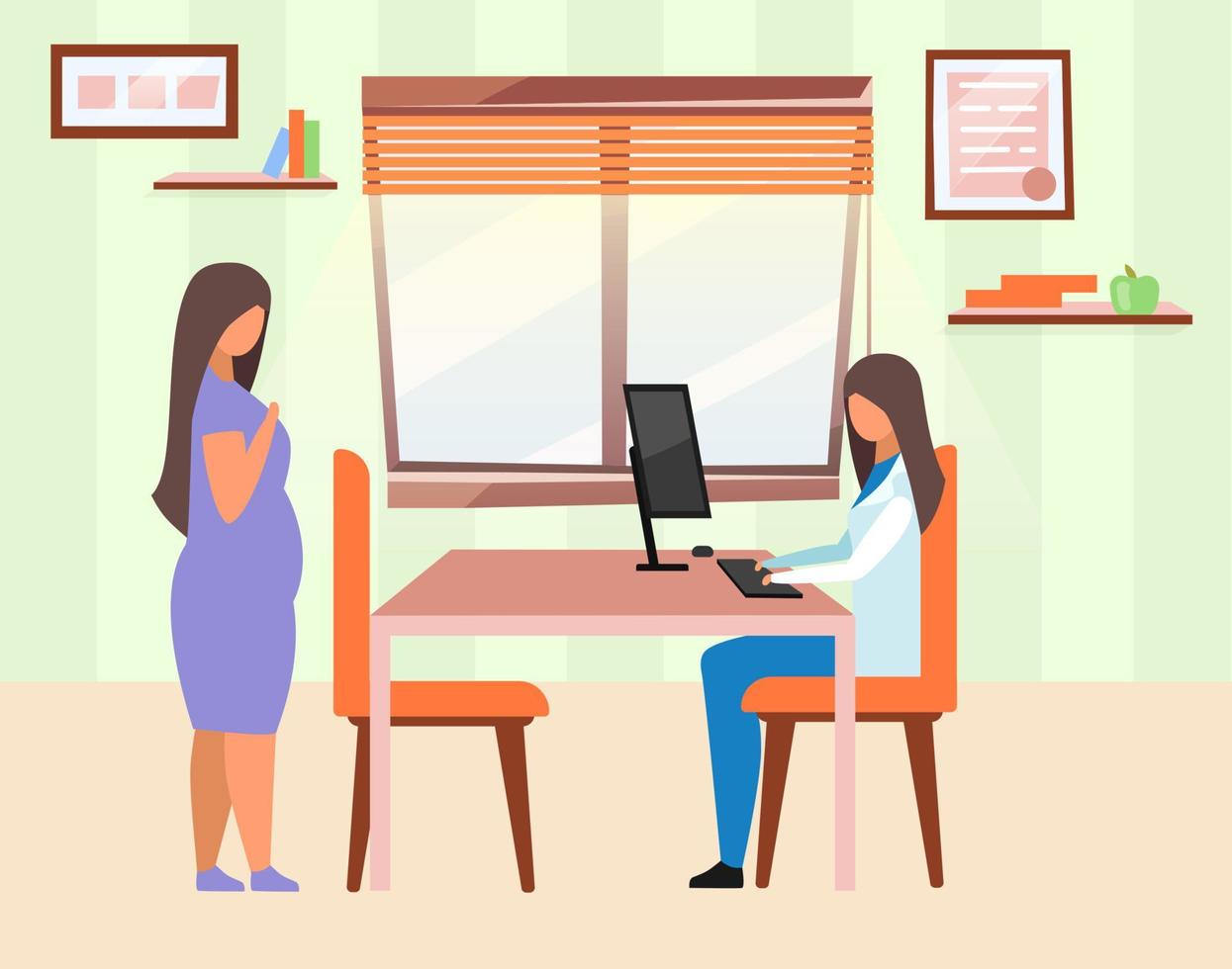 Woman visiting doctor flat vector illustration. Pregnant lady consulting gynecologist cartoon characters. Obese girl and nutritionist. Certified dietitian consulting overweight patient in clinic