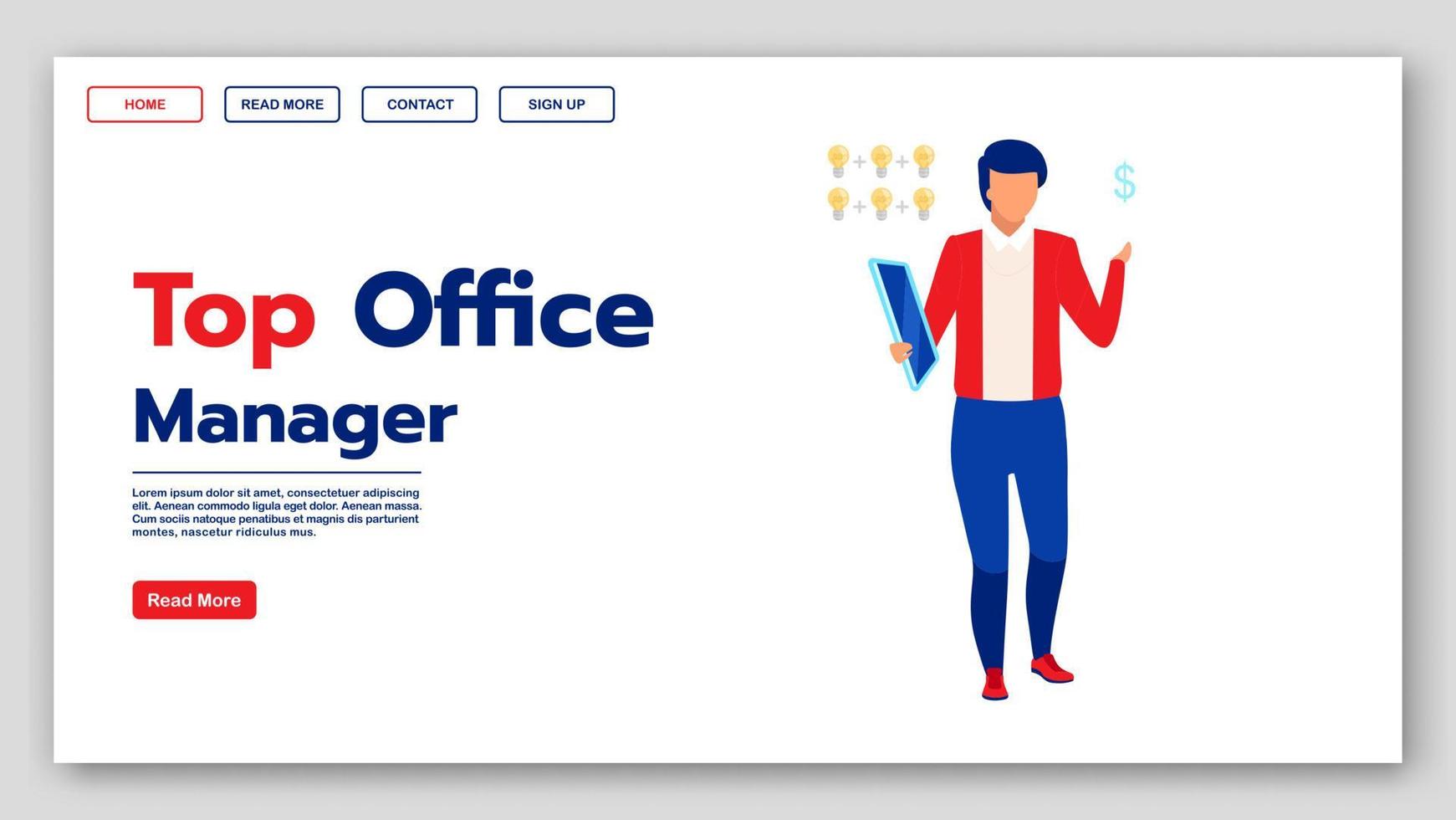 Top office manager landing page vector template. Management classes website interface idea with flat illustrations. Educational courses homepage layout. Business training web banner cartoon concept