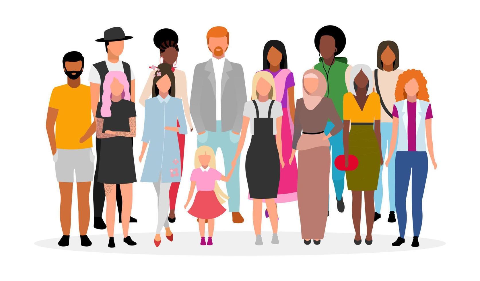 Multiracial people group flat vector illustration. Multicultural young adults together cartoon characters. Community, society. Diverse women and men. Unity in diversity, international tolerance