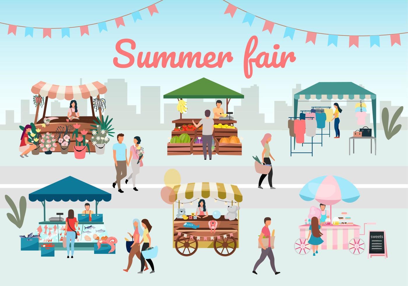 Summer fair flat vector illustration. Outdoor street market stalls, trade tents with with advertising lettering. Flowers, farmers food and products, clothes city kiosks and buyers. Local urban shops