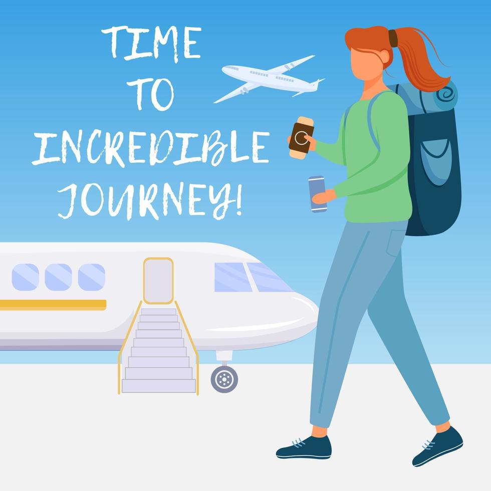 Time to incredible journey social media post mockup. Travel company advertising web banner design template. Social media booster, content layout. Promotion poster, print ads with flat illustrations vector